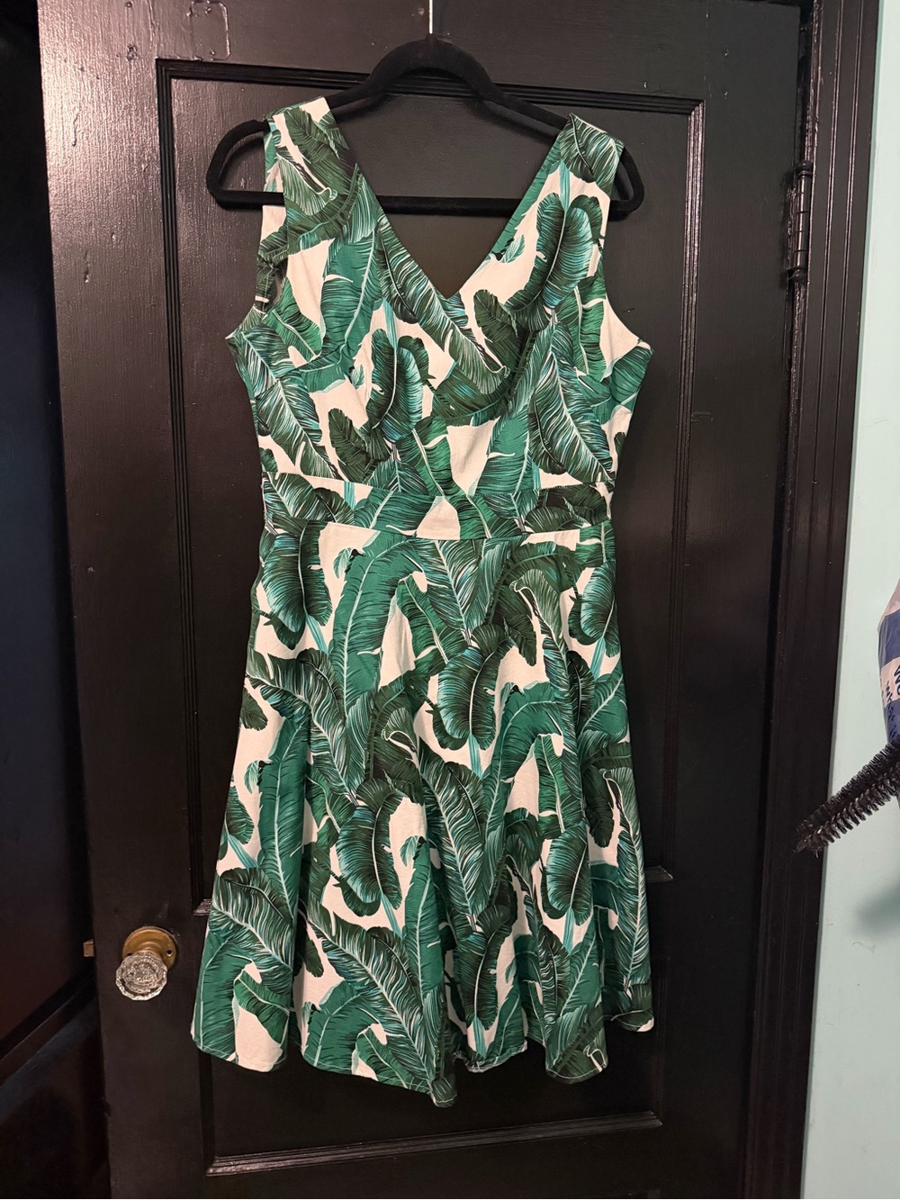 Green Leaf Print V-Neck Fit & Flare Dress